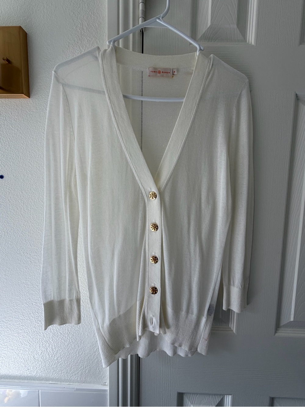 Tory Burch White V-Neck Cardigan with Gold Buttons